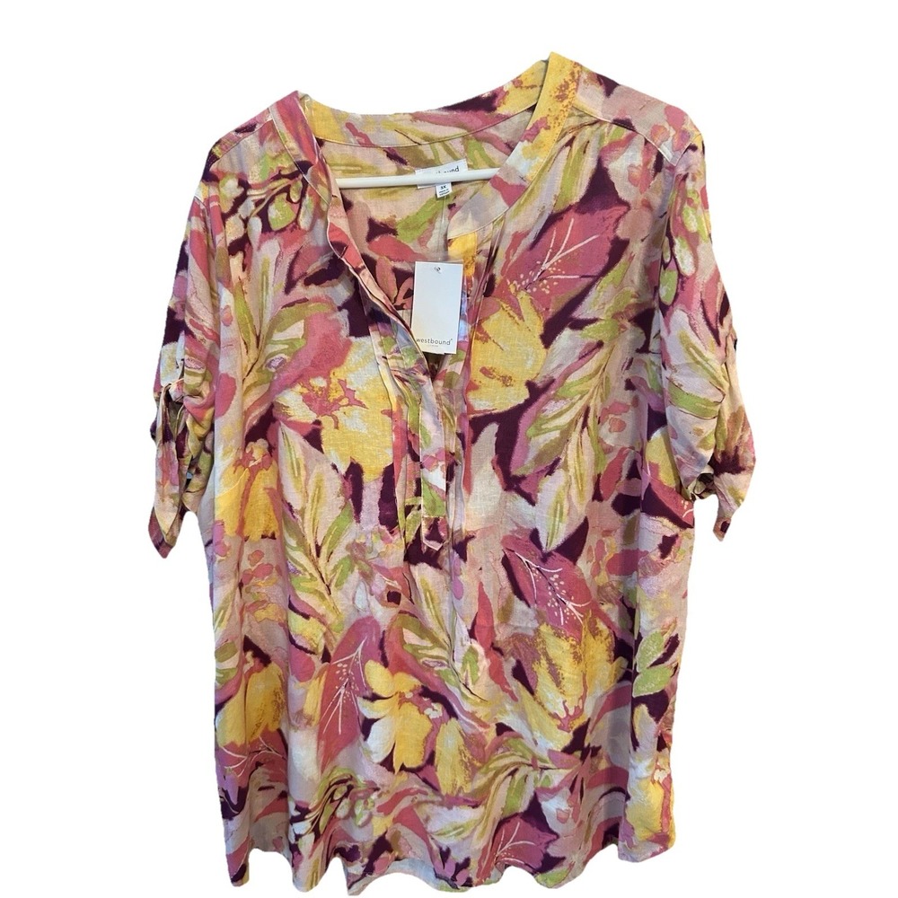 New Westbound Floral Print Top Plus 3X Pink Yellow Short Sleeve Tie Linen Blend